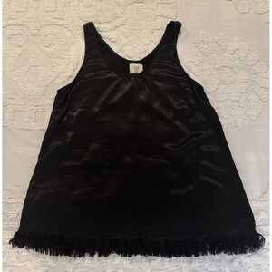 Tina + Jo Women Black Sleeveless Top Large Fringe Bottom Silky Satin Tank L